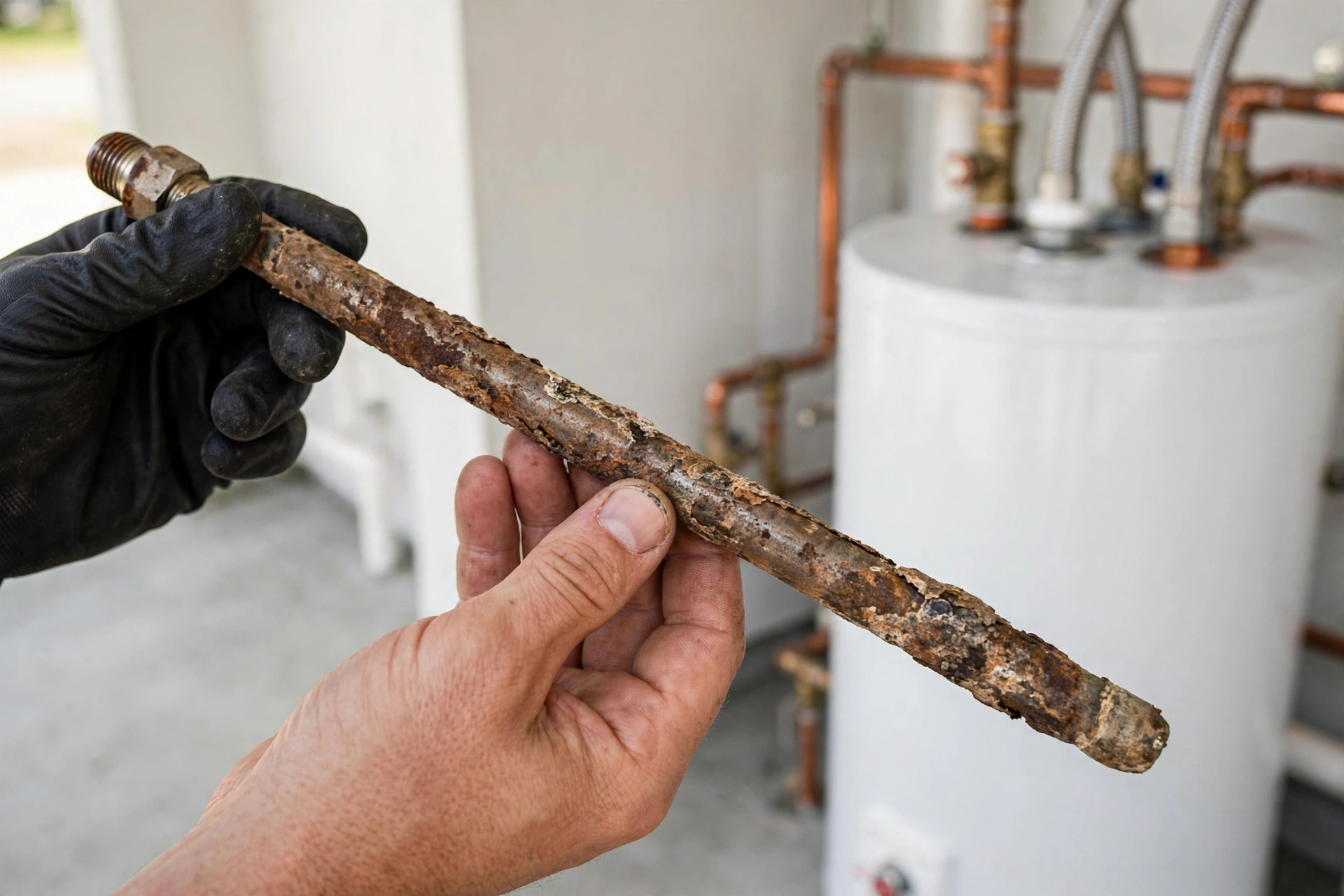 Technician inspecting an anode rod during water heater maintenance in Anaheim, CA