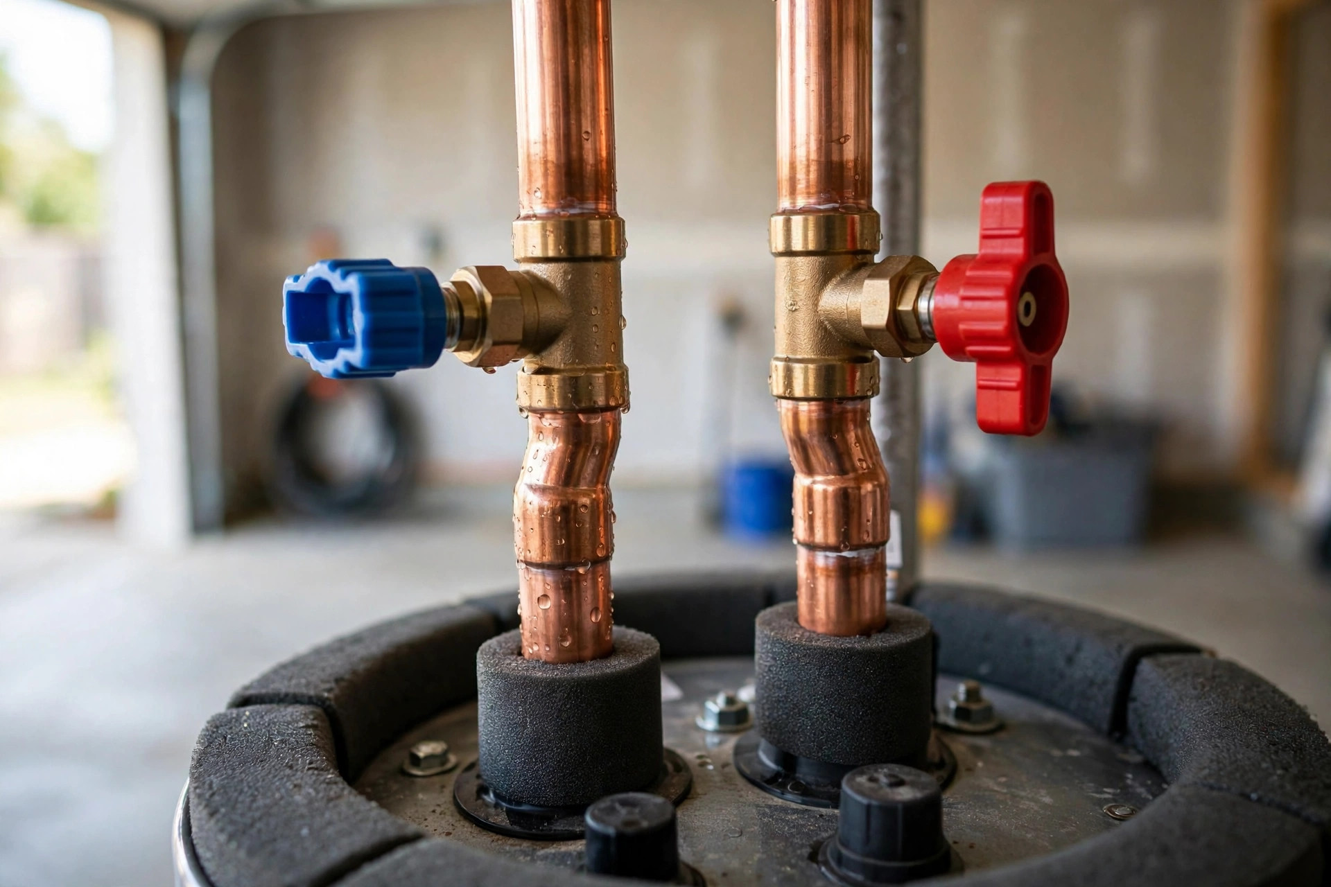 Copper water lines with shutoff valves connected to a water heater