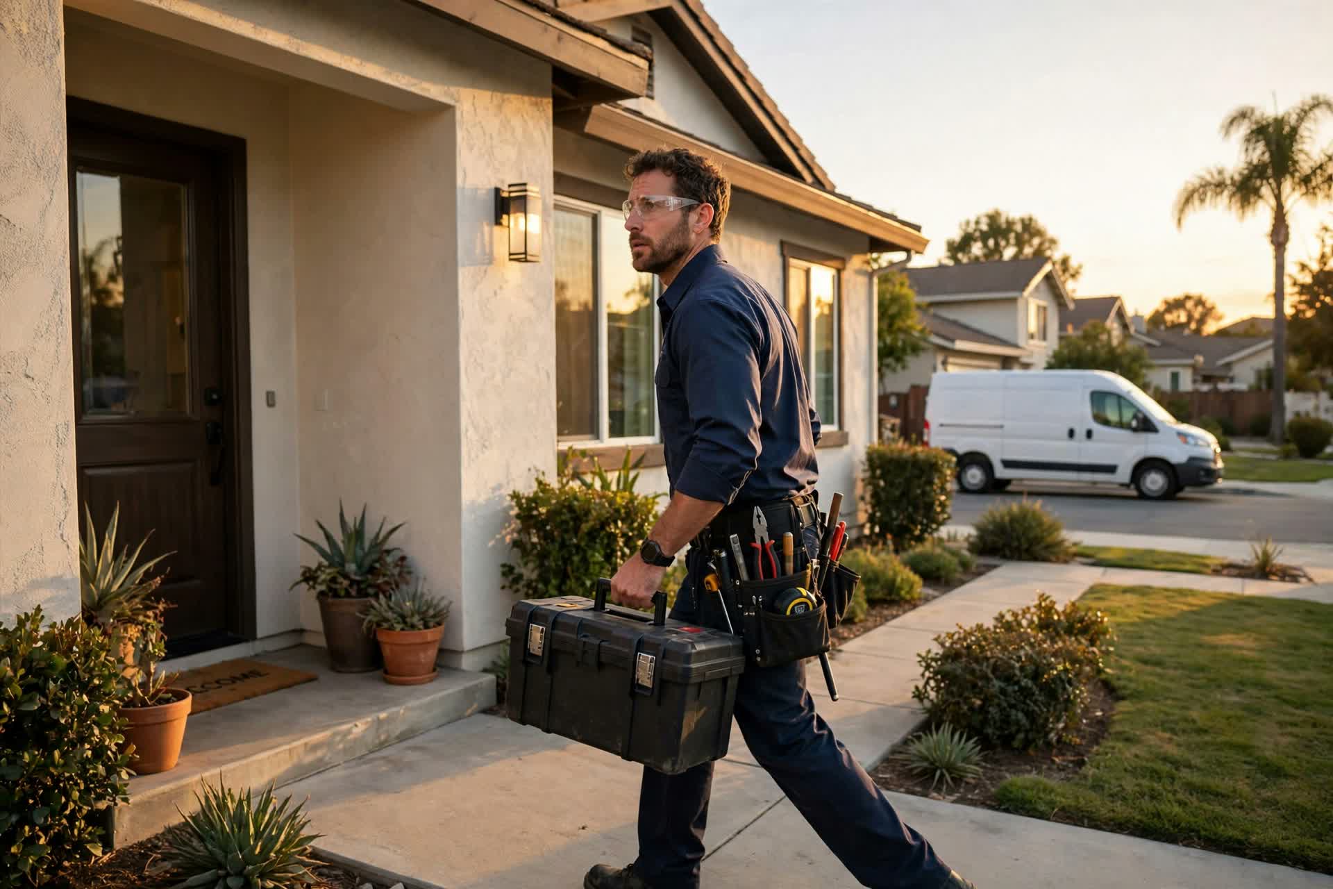 24/7 Emergency Water Heater Service van at an Anaheim, CA home