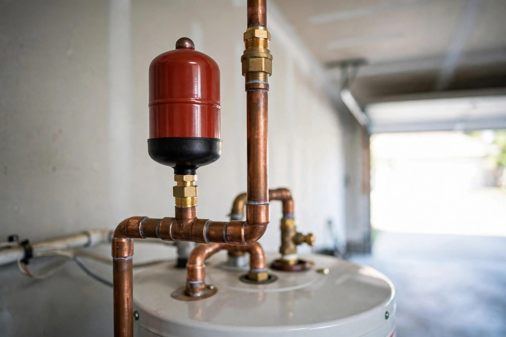 Thermal expansion tank mounted above a water heater