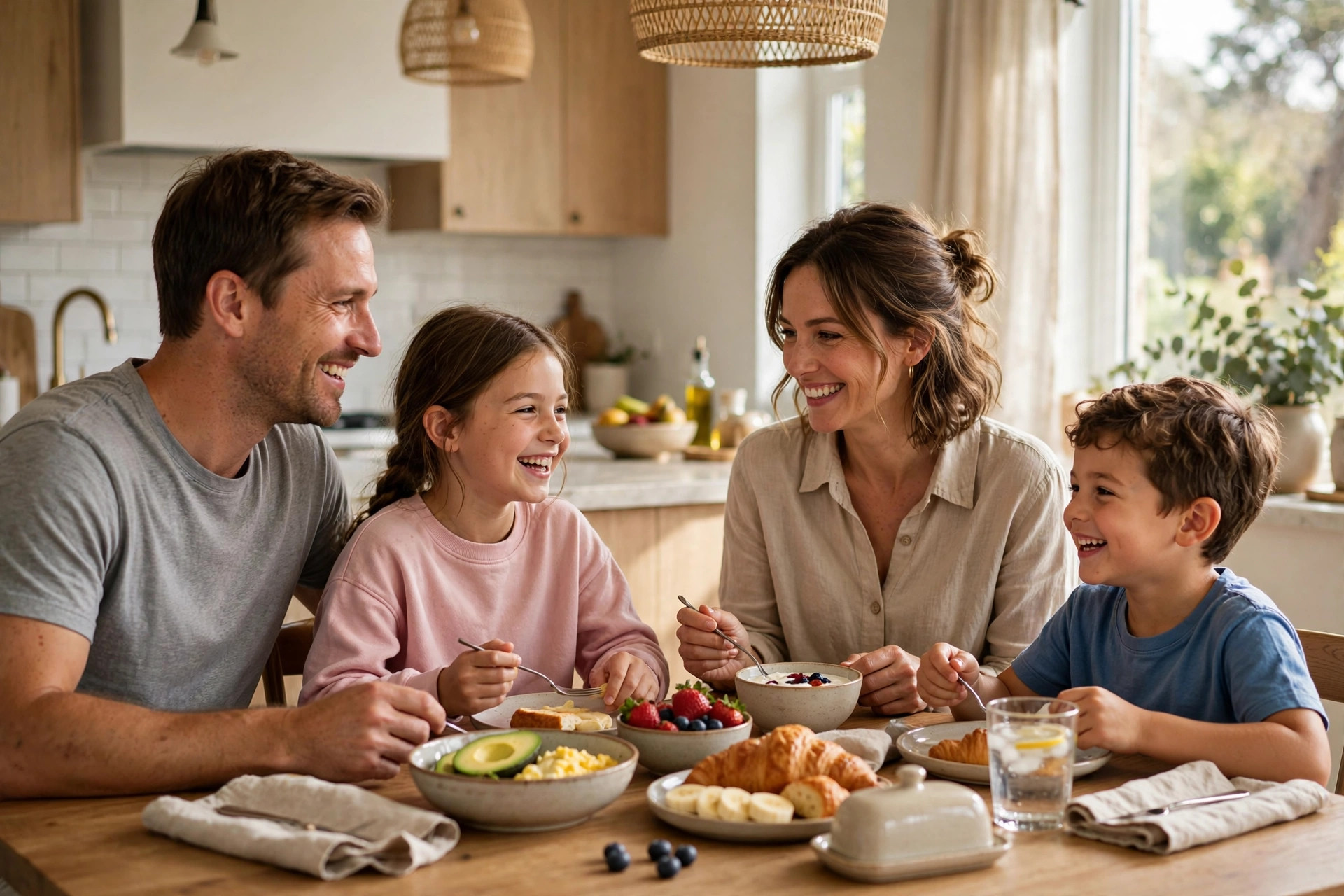 Family having breakfast in a bright kitchen