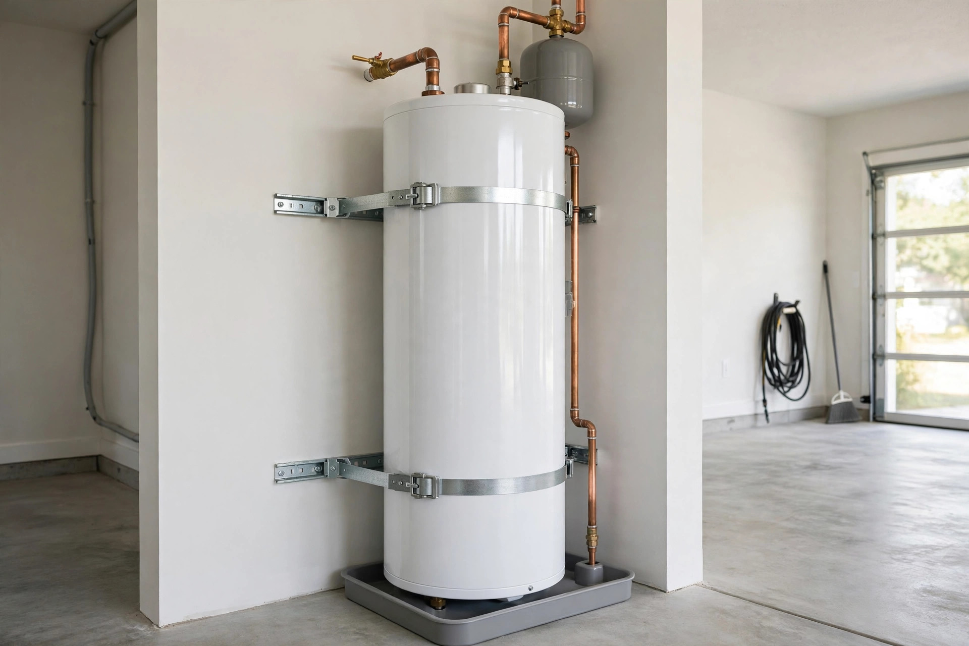 New water heater installed with seismic straps in an Anaheim garage