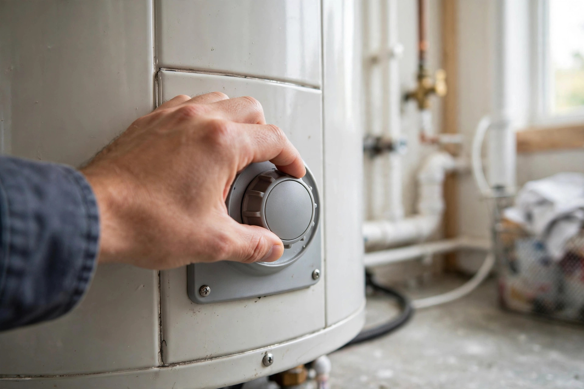 Hand adjusting the thermostat dial on a water heater