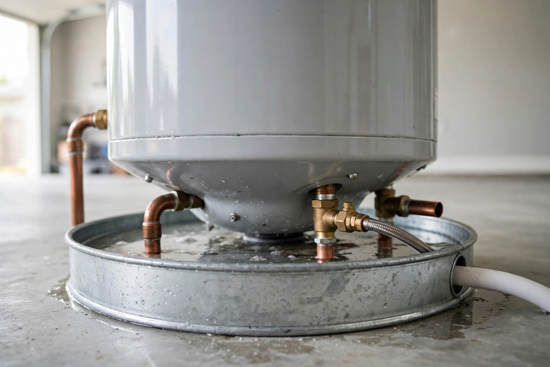 Water heater seated in a round metal drain pan
