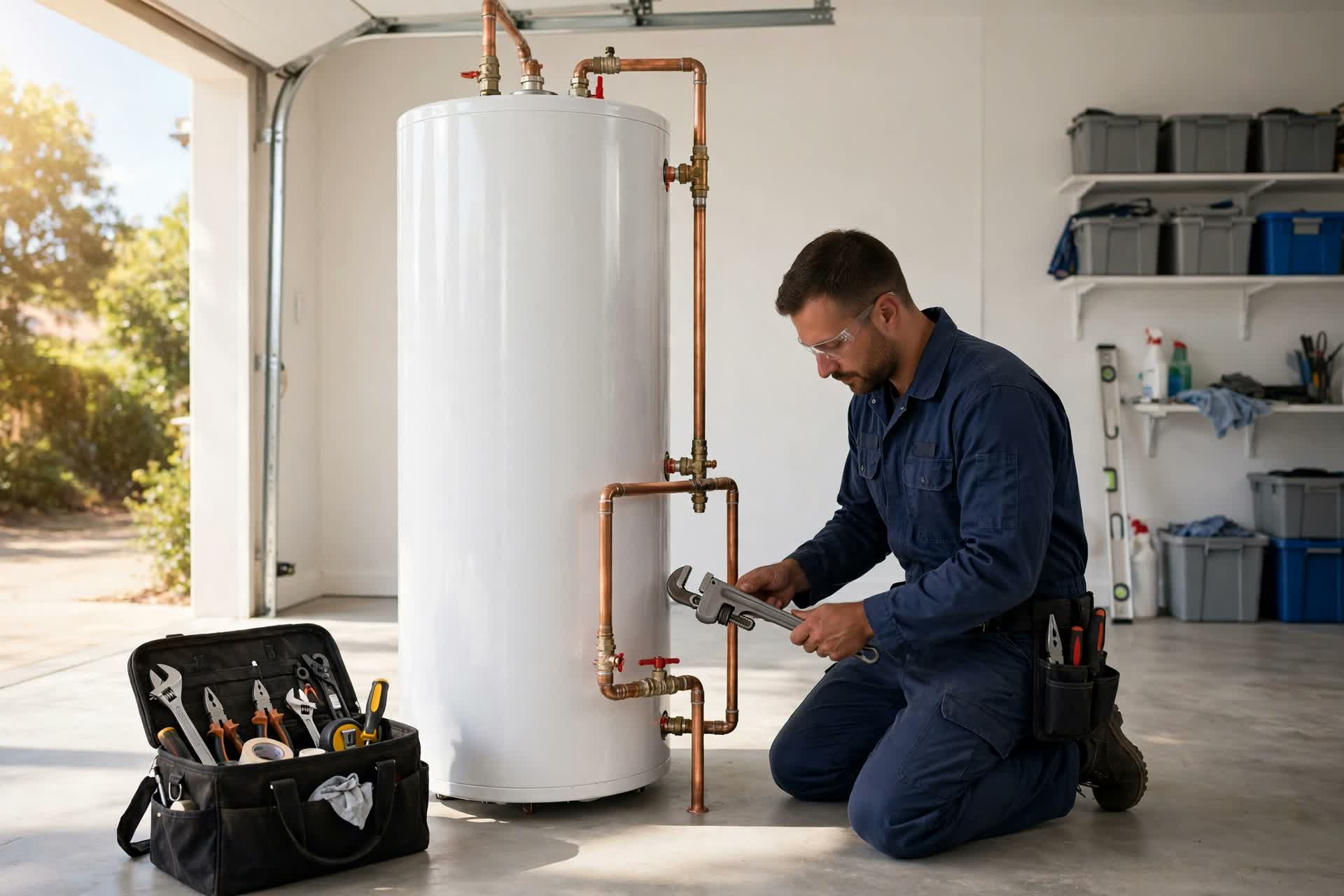 Technician installing a new water heater in an Anaheim, CA home