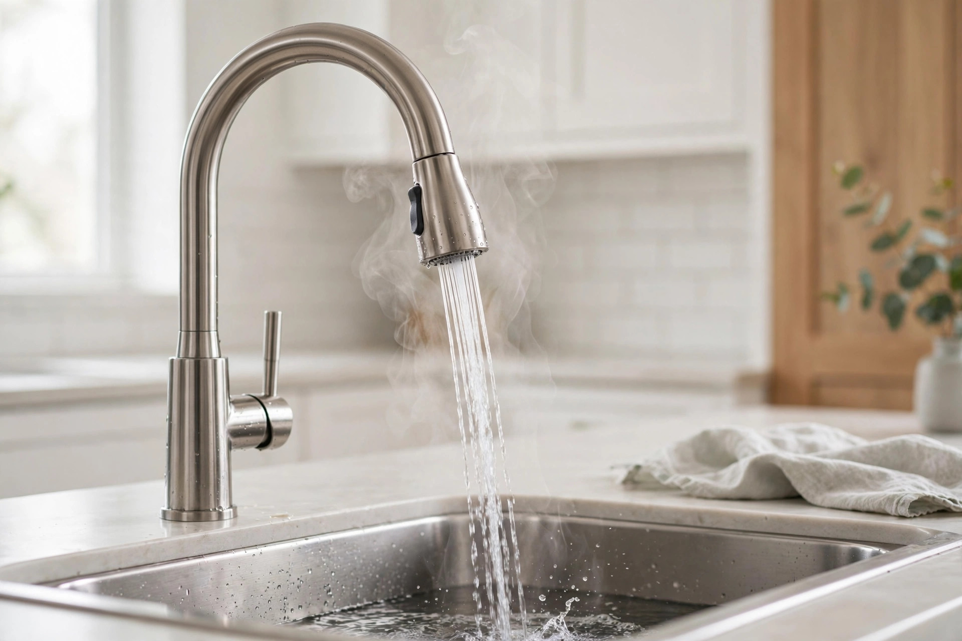 Hot water running from a modern kitchen faucet
