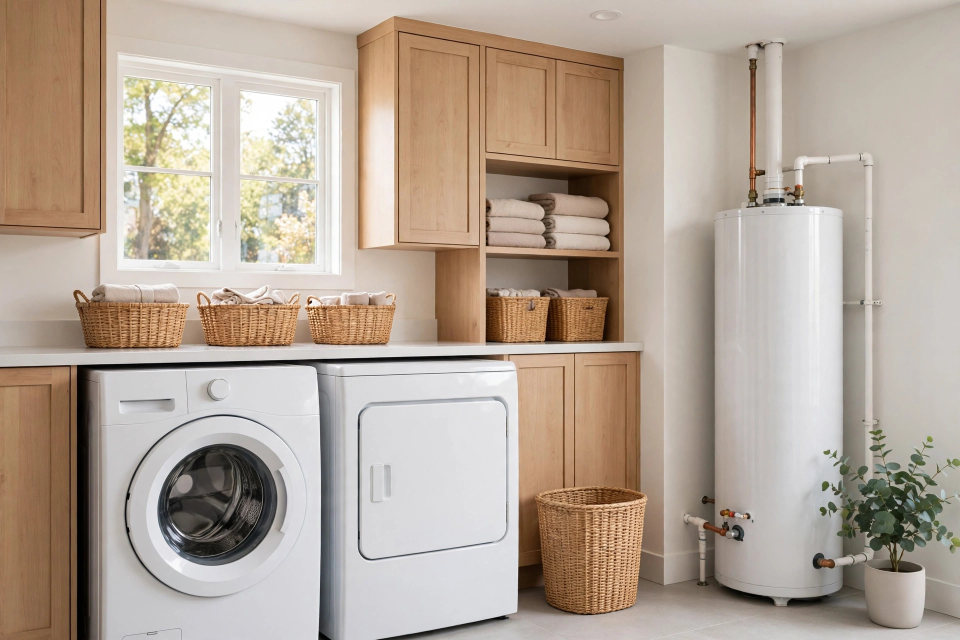 Water heater installed in a laundry room utility area