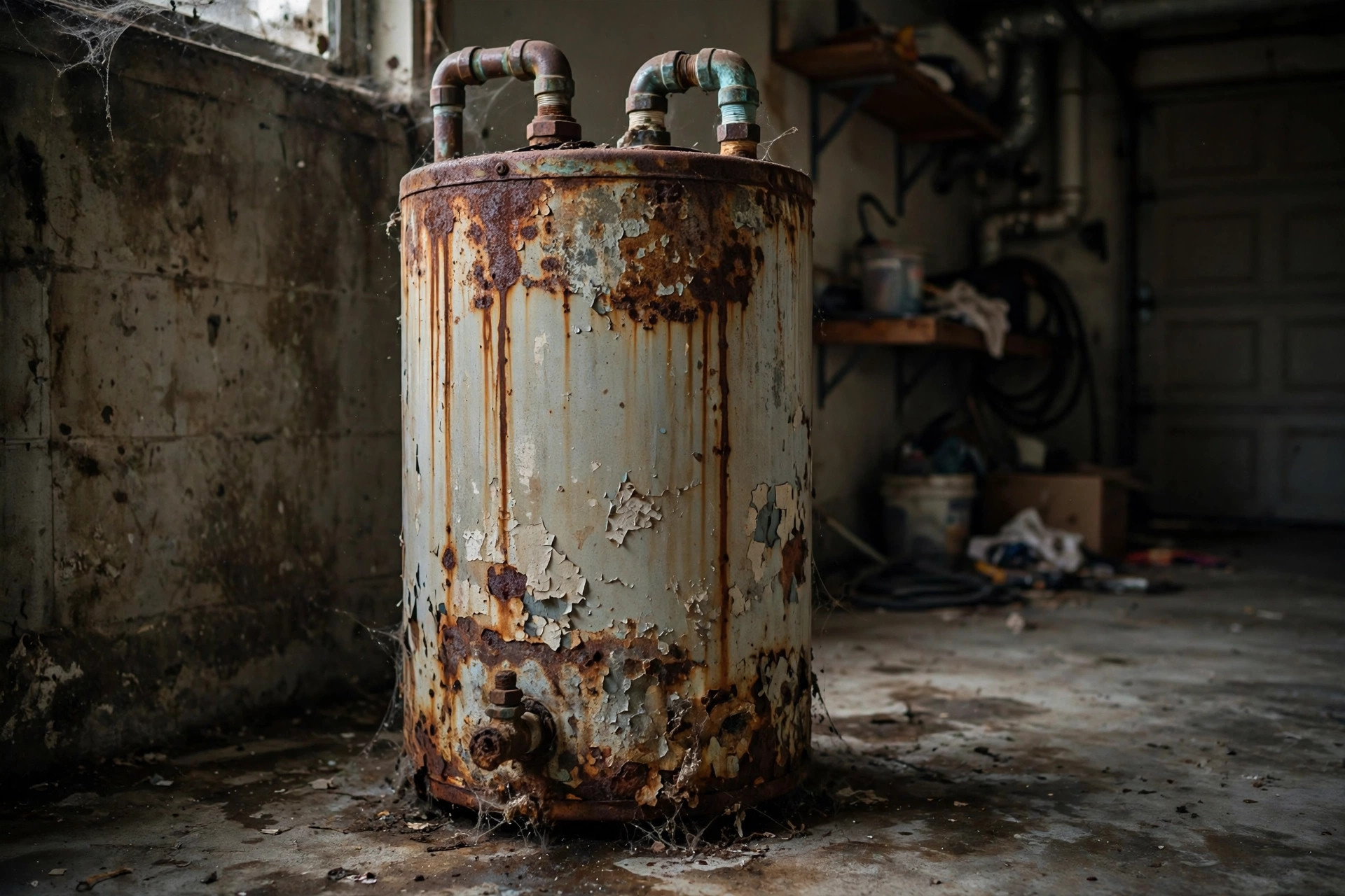 Old rusted water heater being replaced in a West Anaheim garage