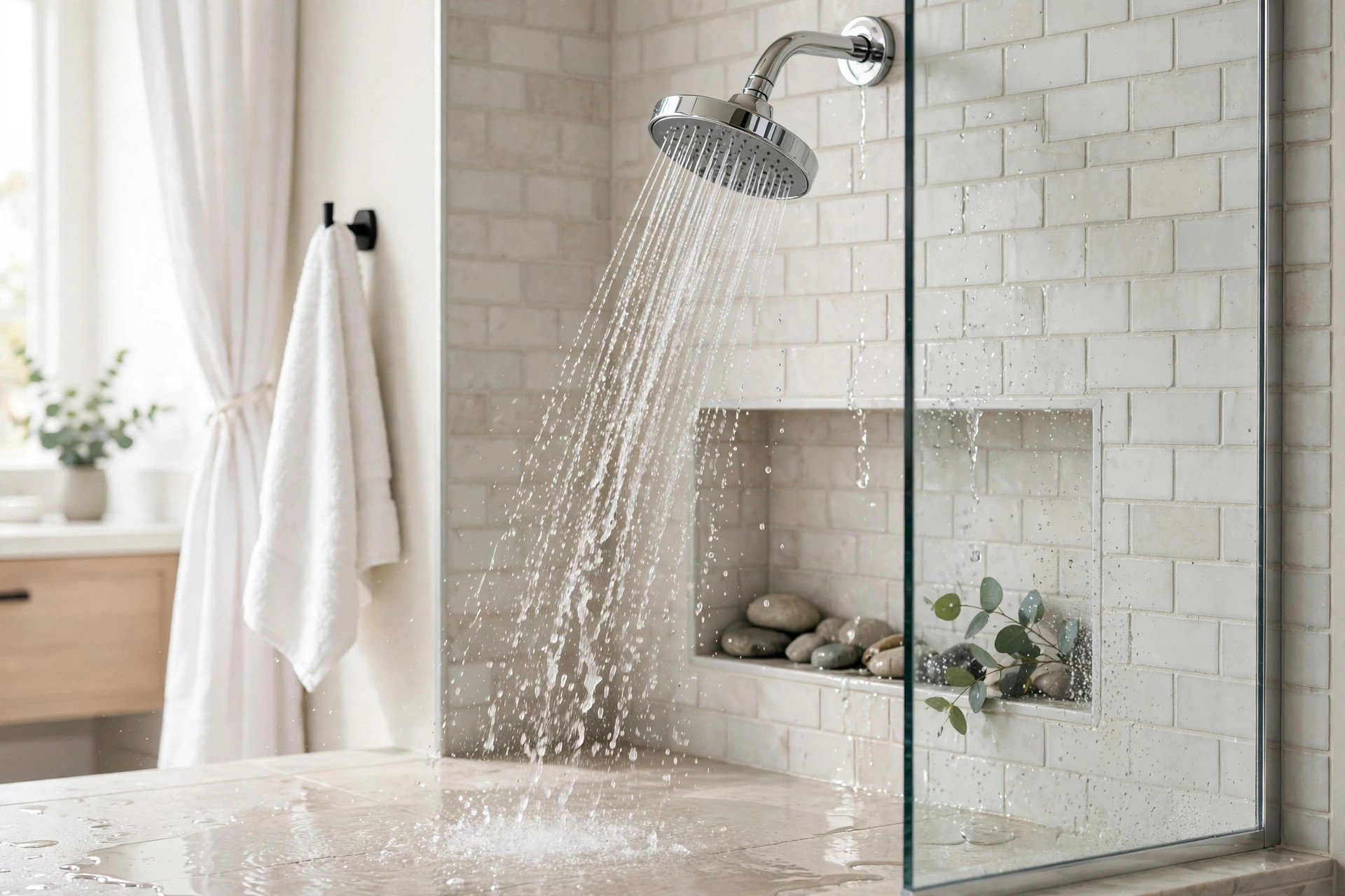 Hot water running in a modern bathroom shower