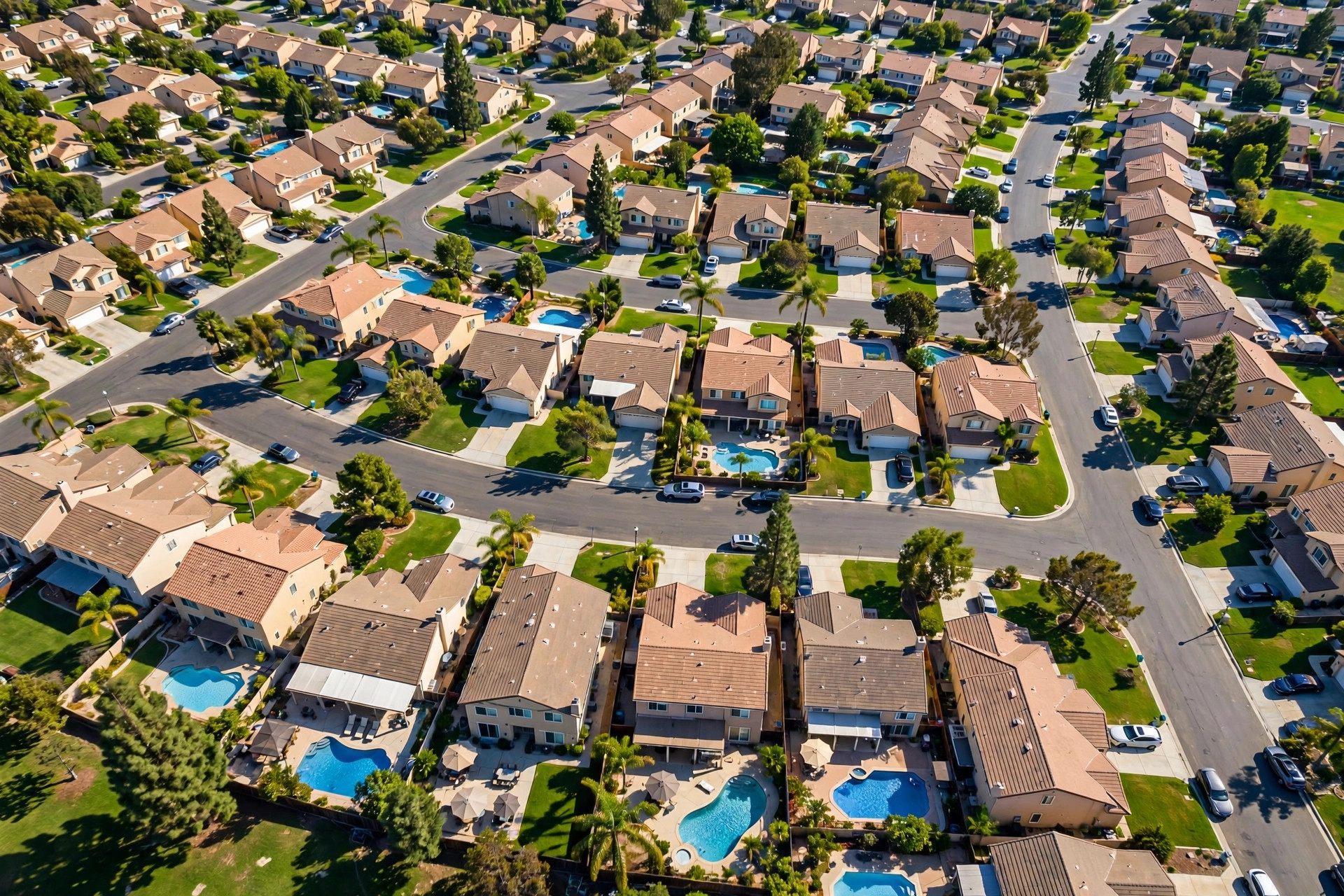 Aerial view of a sunny Anaheim neighborhood