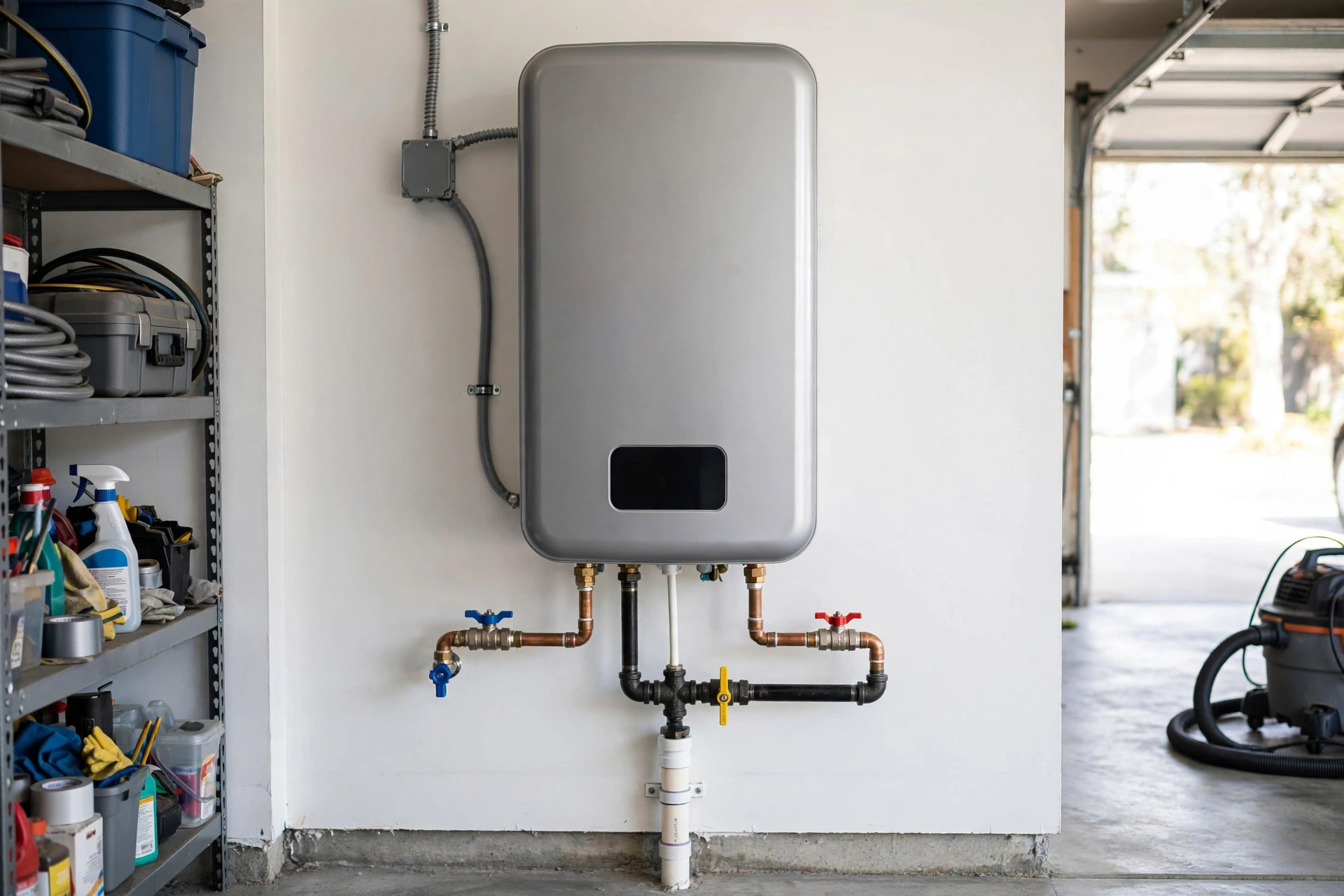 Tankless water heater mounted on a garage wall in an Anaheim Hills home