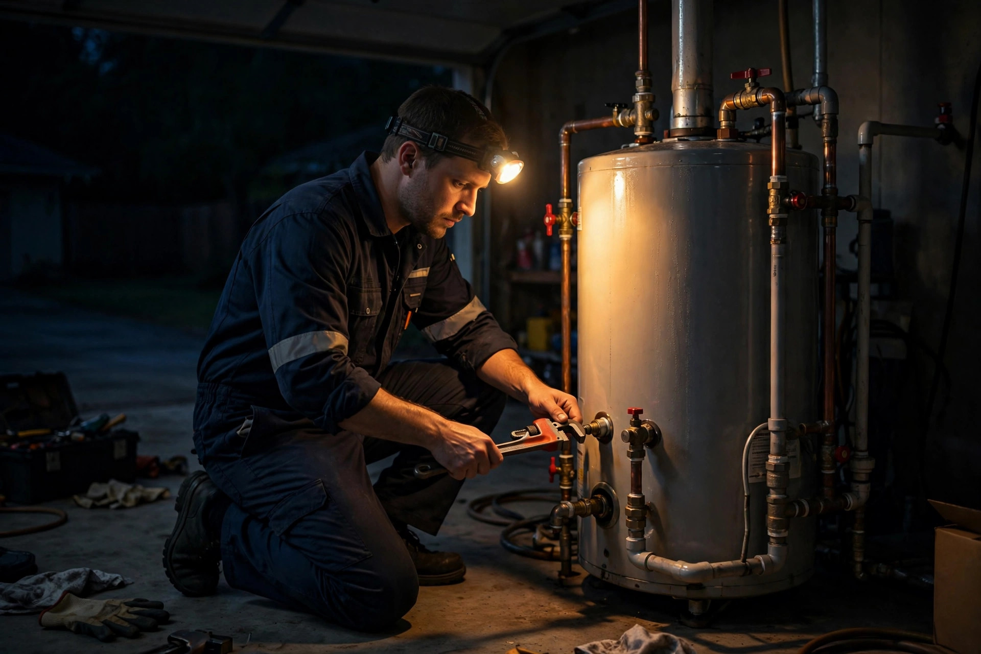 Technician working on a water heater during an evening call