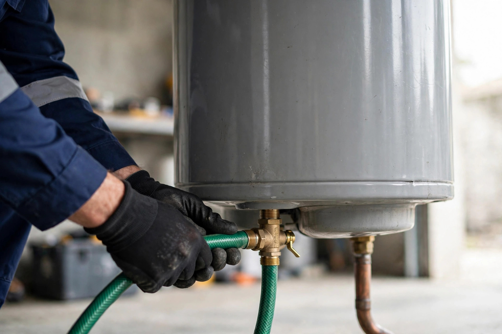 Technician flushing a water heater during maintenance in Anaheim, CA