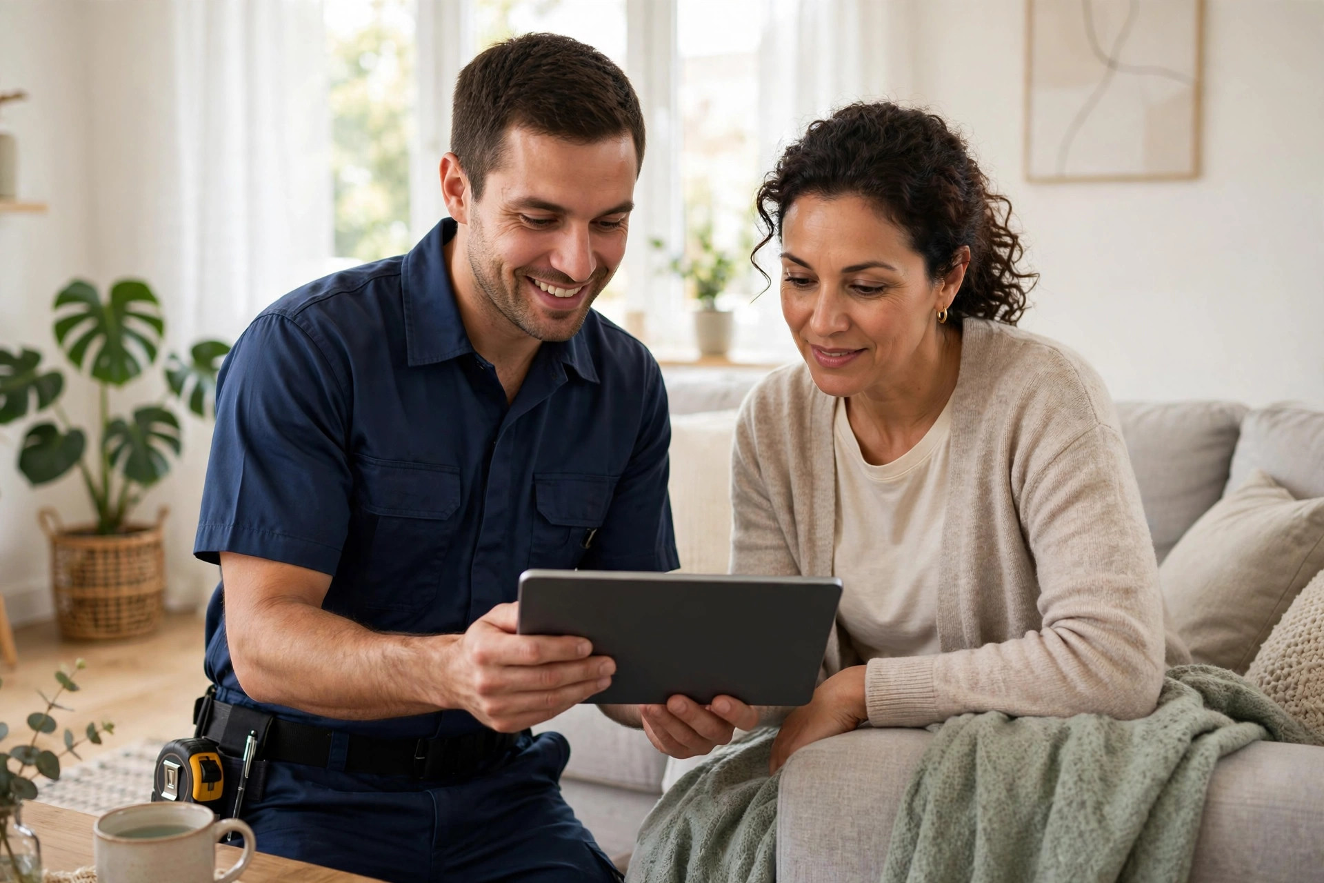 Technician showing a homeowner options on a tablet