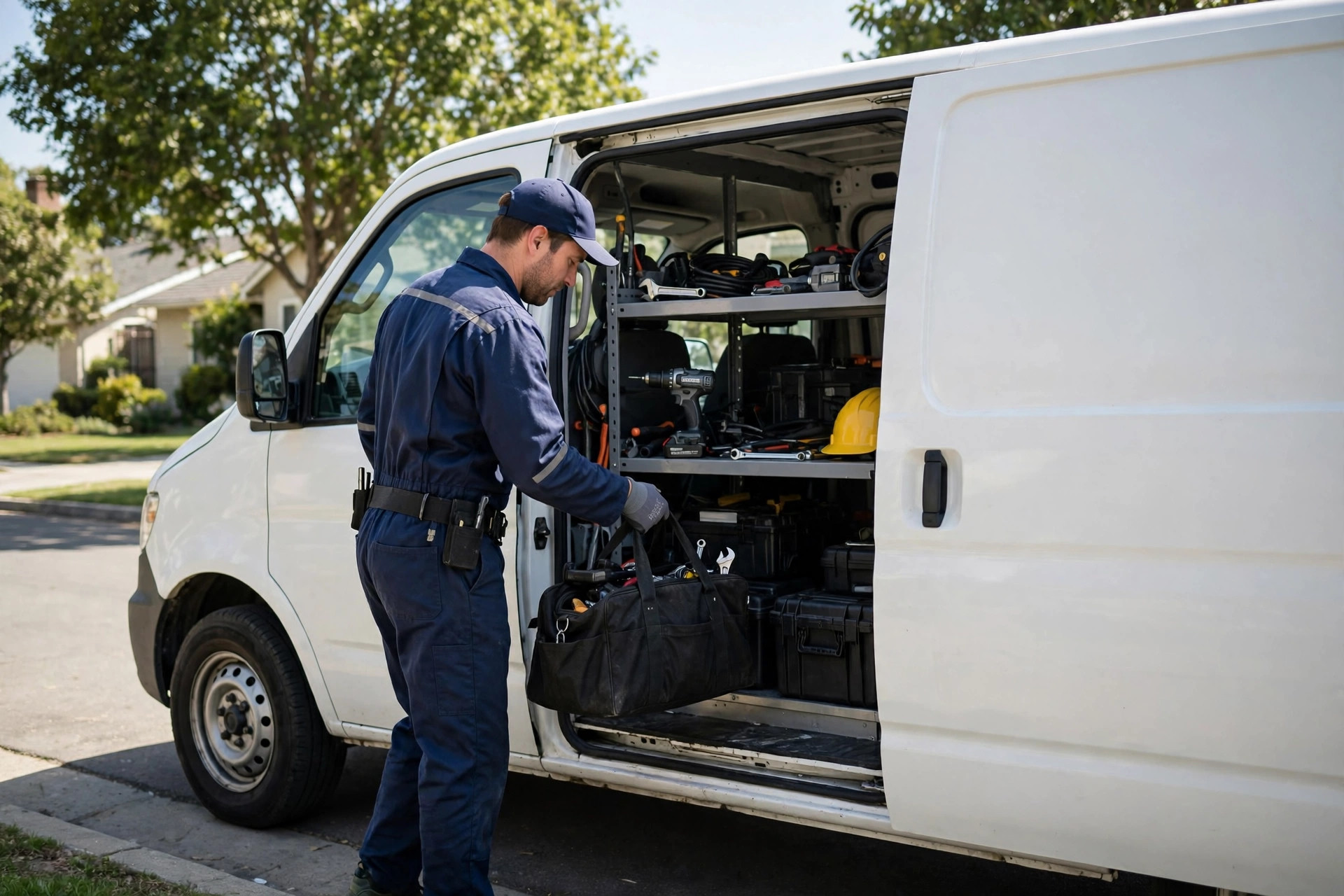 Technician unloading equipment from the service van