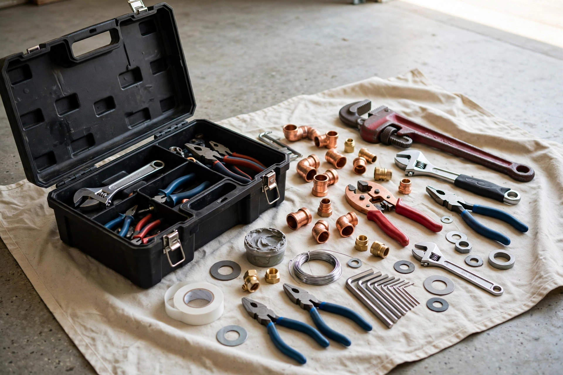 Open toolbox with plumbing tools on a drop cloth