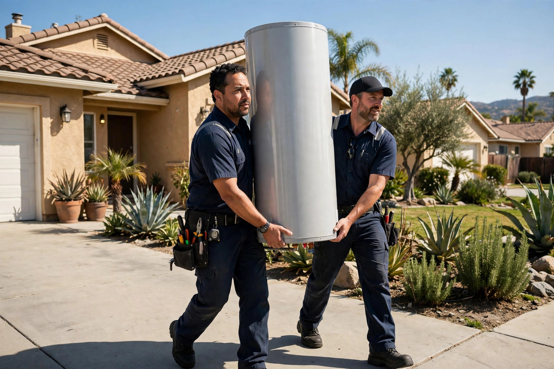 Two technicians carrying a new water heater toward an Anaheim home