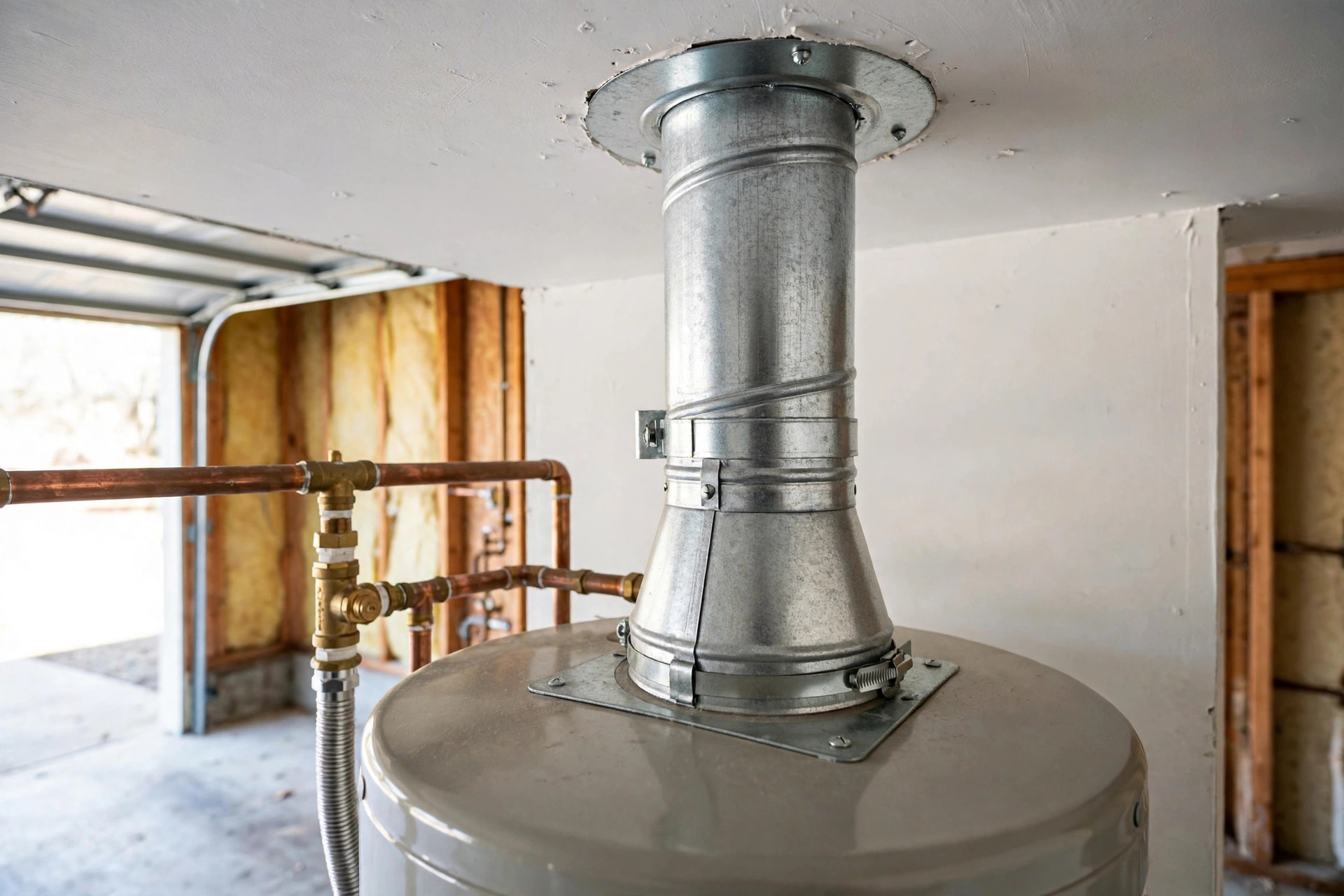 Water heater vent pipe running through a ceiling to the roof