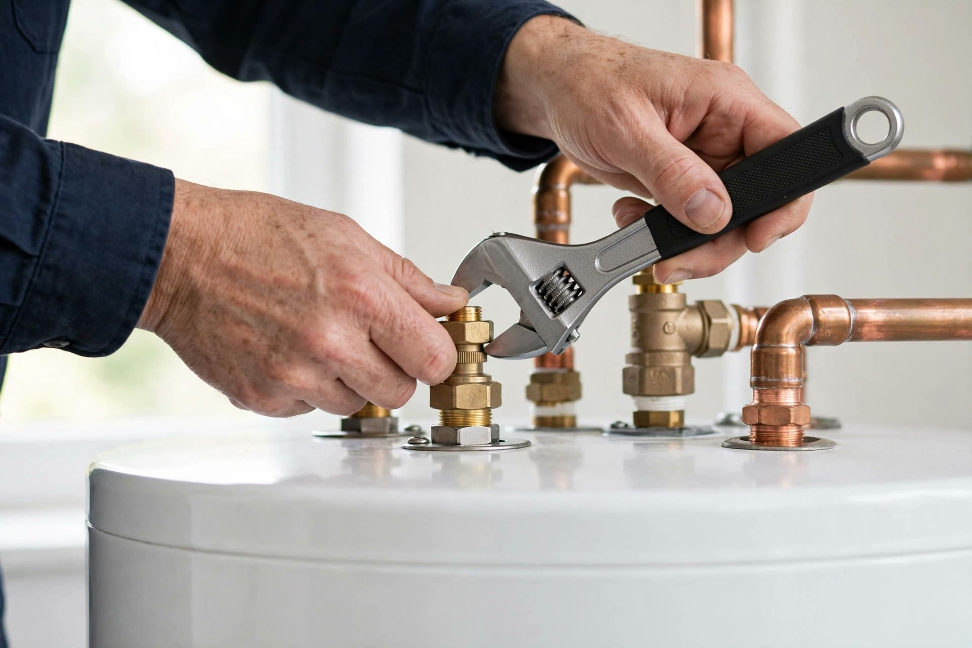Technician inspecting a residential tank water heater for repair in Anaheim, CA